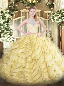 Simple Tulle Scoop Sleeveless Brush Train Zipper Lace and Ruffles 15 Quinceanera Dress in Gold