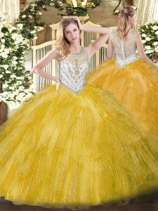 Glorious Ball Gowns Quinceanera Gowns Gold Scoop Tulle Sleeveless Floor Length Zipper