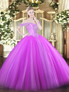 Fantastic Sleeveless Tulle Floor Length Lace Up Vestidos de Quinceanera in Lilac with Beading