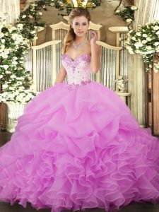 Sweet Lilac Ball Gowns Sweetheart Sleeveless Organza Floor Length Lace Up Beading and Ruffles and Pick Ups Quinceanera Gown