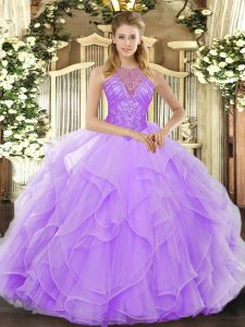 Ideal High-neck Sleeveless 15 Quinceanera Dress Floor Length Beading and Ruffles Lavender Organza