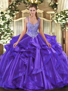 Purple Lace Up Straps Beading and Ruffles Ball Gown Prom Dress Organza Sleeveless