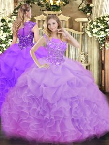 Hot Selling Sleeveless Floor Length Beading and Ruffles and Pick Ups Zipper Vestidos de Quinceanera with Lavender