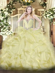 Sleeveless Organza Floor Length Lace Up Sweet 16 Quinceanera Dress in Yellow with Beading and Ruffles