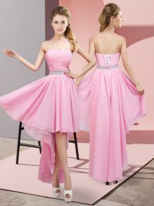 Pink A-line Beading Prom Dresses Lace Up Chiffon Sleeveless High Low