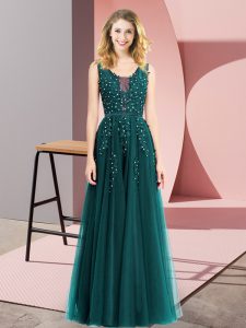 Square Sleeveless Tulle Prom Dress Beading and Appliques Backless