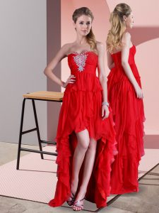 Beading Evening Dress Red Lace Up Sleeveless High Low Sweep Train