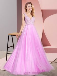 Vintage Sleeveless Tulle Floor Length Zipper Homecoming Dress in Lilac with Lace