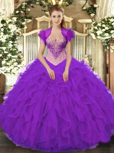 Elegant V-neck Sleeveless Sweet 16 Dress Floor Length Beading and Ruffles Purple Organza
