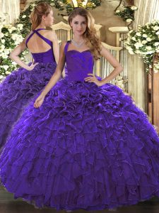 Superior Purple Halter Top Neckline Ruffles Sweet 16 Dress Sleeveless Lace Up