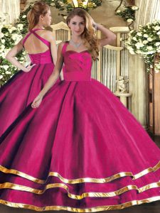 Luxury Hot Pink Sleeveless Tulle Lace Up 15 Quinceanera Dress for Military Ball and Sweet 16 and Quinceanera