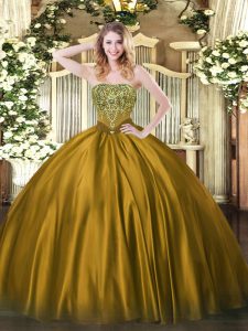Colorful Brown Ball Gowns Strapless Sleeveless Satin Floor Length Lace Up Beading Quinceanera Dress