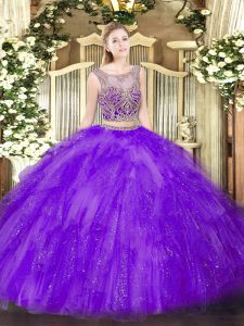 Lavender Vestidos de Quinceanera Military Ball and Sweet 16 and Quinceanera with Beading and Ruffles Scoop Sleeveless Lace Up