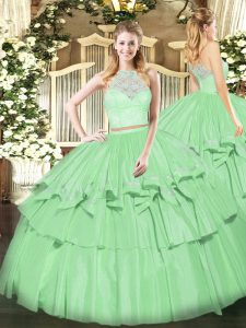 Floor Length Zipper Quinceanera Dresses Apple Green for Military Ball and Sweet 16 and Quinceanera with Lace and Ruffled Layers