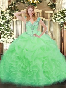 Chic Apple Green Ball Gowns Ruffles Quinceanera Dress Lace Up Organza Sleeveless Floor Length