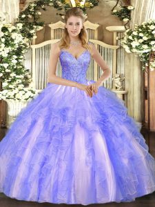 V-neck Sleeveless Tulle Quinceanera Gown Beading and Ruffles Lace Up