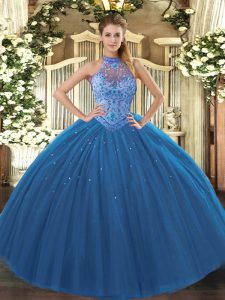New Style Sleeveless Floor Length Beading and Embroidery Lace Up Ball Gown Prom Dress with Navy Blue