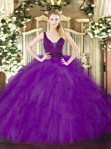 Beading and Ruffles Sweet 16 Quinceanera Dress Purple Zipper Sleeveless Floor Length