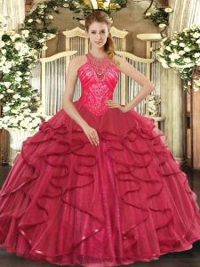 Trendy Coral Red Organza Lace Up High-neck Sleeveless Floor Length Sweet 16 Dress Beading and Ruffles