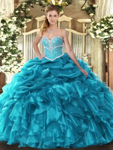 Custom Designed Beading and Ruffles and Pick Ups Quinceanera Dress Teal Lace Up Sleeveless Floor Length