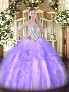 Lavender Tulle Zipper Sweet 16 Dress Sleeveless Floor Length Beading and Ruffles