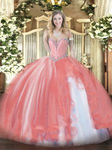Floor Length Ball Gowns Sleeveless Coral Red Quince Ball Gowns Lace Up