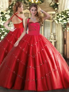 Modest Red Ball Gowns Appliques 15 Quinceanera Dress Lace Up Tulle Sleeveless Floor Length