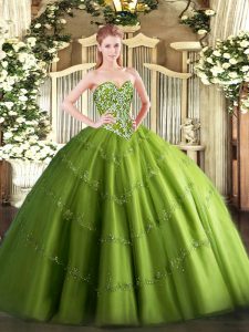 Olive Green Tulle Lace Up Sweetheart Sleeveless Floor Length Quinceanera Dresses Beading and Appliques