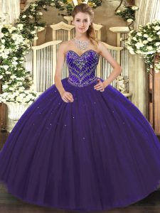 Discount Purple Sleeveless Floor Length Beading Lace Up Quince Ball Gowns