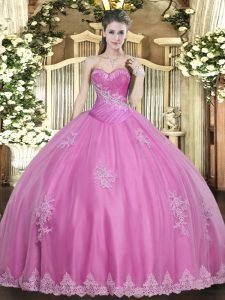 Free and Easy Rose Pink Ball Gowns Tulle Sweetheart Sleeveless Beading and Appliques Floor Length Lace Up 15 Quinceanera Dress