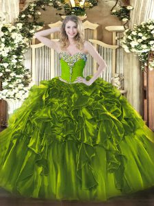 Floor Length Olive Green Ball Gown Prom Dress Organza Sleeveless Beading and Ruffles