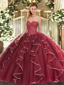 Beading and Ruffles Sweet 16 Quinceanera Dress Burgundy Lace Up Sleeveless Floor Length