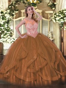 Exquisite Beading and Ruffles Sweet 16 Dress Brown Lace Up Sleeveless Floor Length