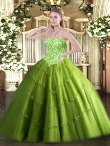 Floor Length Lace Up Quince Ball Gowns for Military Ball and Sweet 16 and Quinceanera with Appliques