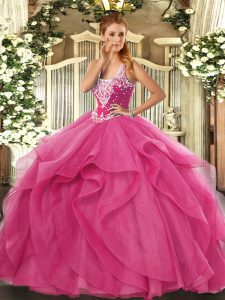 Glorious Hot Pink Lace Up Straps Beading and Ruffles Sweet 16 Dresses Tulle Sleeveless