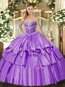 Custom Made Floor Length Lace Up Quince Ball Gowns Lavender for Military Ball and Sweet 16 and Quinceanera with Beading and Ruffled Layers