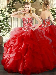 Unique Ball Gowns 15th Birthday Dress Red Sweetheart Organza Sleeveless Floor Length Lace Up