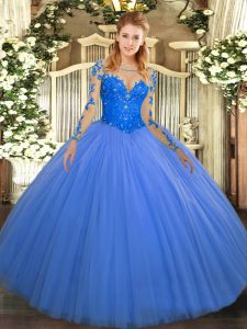 Blue Scoop Lace Up Lace Quinceanera Dress Long Sleeves