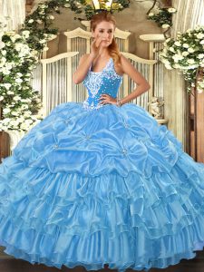 Fitting Ball Gowns Quinceanera Gowns Baby Blue Straps Organza Sleeveless Floor Length Lace Up