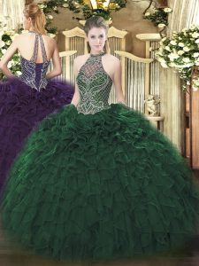 Dark Green Sleeveless Beading and Ruffles Floor Length Sweet 16 Dresses