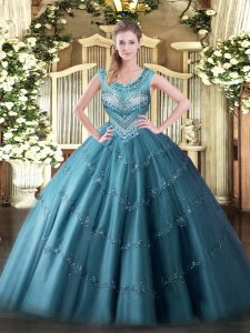 Spectacular Scoop Sleeveless Quinceanera Gowns Floor Length Beading and Appliques Teal Tulle