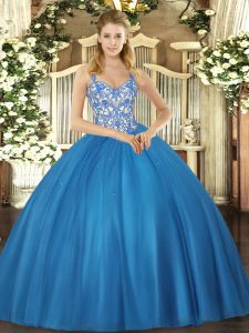 Hot Selling Sleeveless Tulle Floor Length Lace Up Quinceanera Gown in Blue with Beading and Appliques