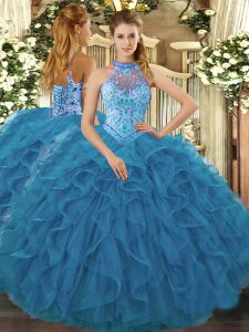 Perfect Halter Top Sleeveless 15th Birthday Dress Floor Length Embroidery and Ruffles Teal Organza