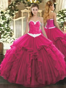 Modest Hot Pink Organza Lace Up Ball Gown Prom Dress Sleeveless Floor Length Appliques and Ruffles