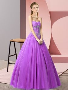 Modern Purple A-line Tulle Sweetheart Sleeveless Beading Floor Length Lace Up Evening Dress