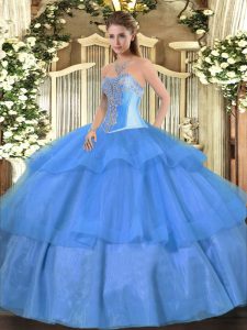 Tulle Sweetheart Sleeveless Lace Up Beading and Ruffled Layers Quince Ball Gowns in Baby Blue