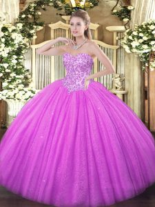 Lilac Ball Gowns Sweetheart Sleeveless Tulle Floor Length Lace Up Appliques 15 Quinceanera Dress