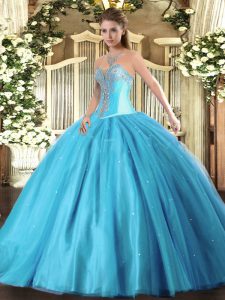 Fashion Aqua Blue 15th Birthday Dress Military Ball and Sweet 16 and Quinceanera with Beading Sweetheart Sleeveless Lace Up