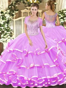 Lilac Ball Gowns Scoop Sleeveless Tulle Floor Length Clasp Handle Beading and Ruffled Layers Vestidos de Quinceanera