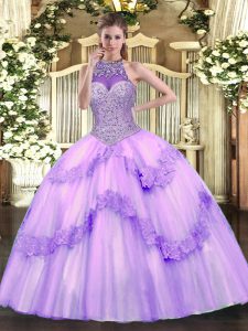 Lavender Quinceanera Gowns Military Ball and Sweet 16 and Quinceanera with Beading and Appliques Halter Top Sleeveless Lace Up